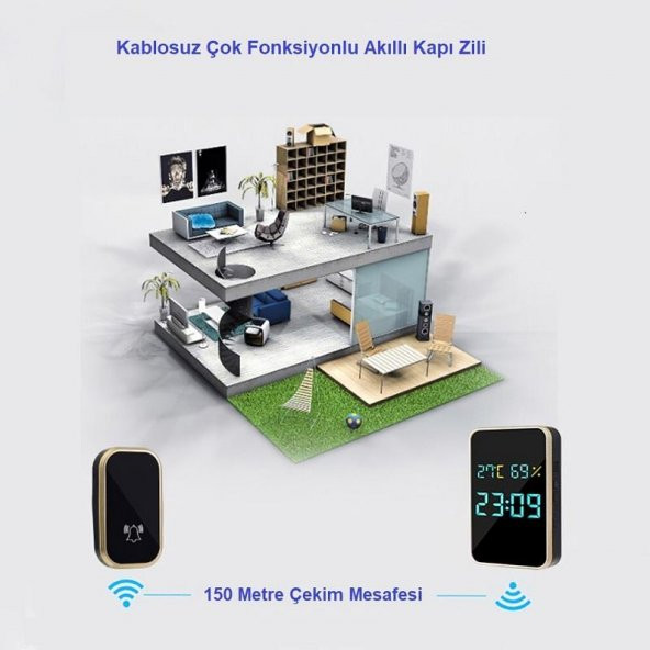 UpWay Kablosuz Pil Gerektirmeyen Kapı Zili Dijital Ekran Saat Derece Nem Göstergeli - 4