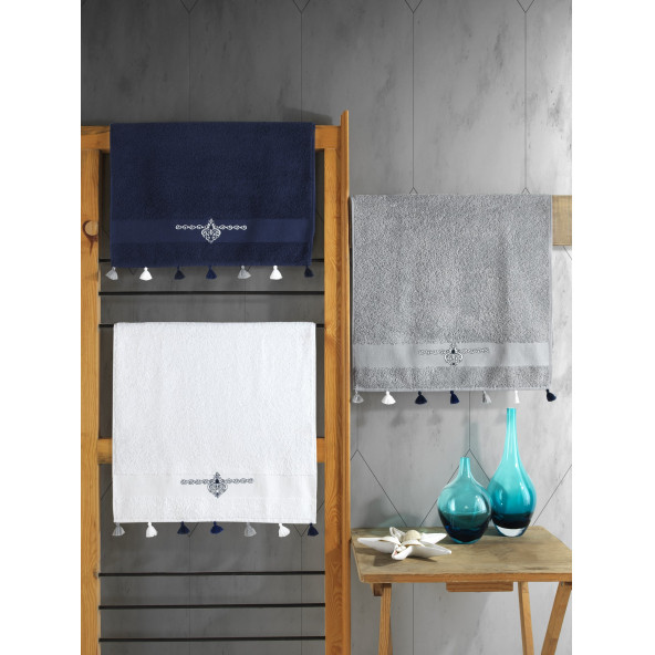 Nakışlı Fit 50x90 Havlu Seti 3 Adet Laci-gri-beyaz