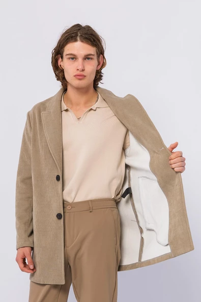 Erkek Renkli Regular Fit Kadife Laminasyonlu İçi Polarlı Sıcak Tutan Kışlık Klasik Kaban