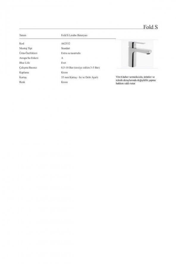 Artema Fold S Lavabo Bataryası - A42532 - 2