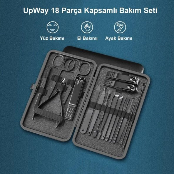 UpWay Deri Çantalı 18 Parça Paslanmaz Çelik Manikür Pedikür Yüz Bakım Seti - 2