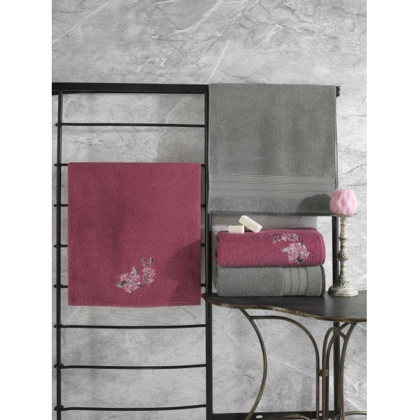 Colorful Hamam Seti 4 Lü Havlu Gri-koyu Pembe