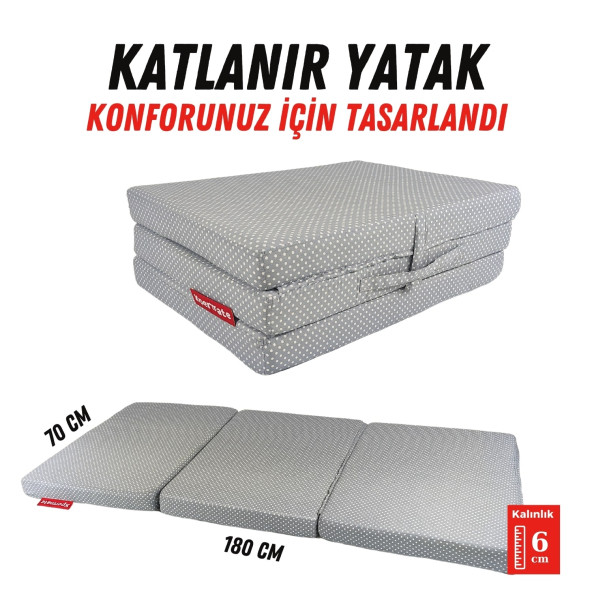 XPERMATE Katlanır Sünger Yatak, Yer Yatağı, Katlanır Yer Minderi, Misafir Yatağı 70x180x6 Gri Puantiyeli