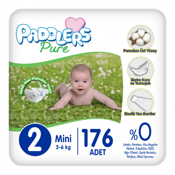 Paddlers Pure Bebek Bezi 2 Numara Mini 176 Adet (3-6 Kg) Ekstra Aylık Paket