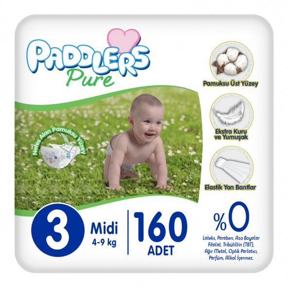 Paddlers Pure Bebek Bezi 3 Numara Midi 160 Adet (4-9 Kg) Ekstra Aylık Paket