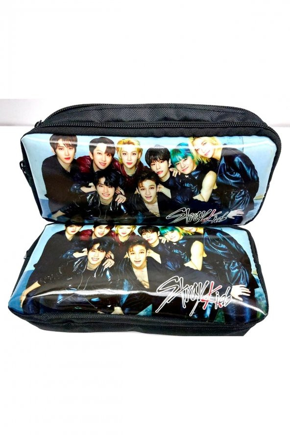 Stray Kids Temalı Resimli Çift Gözlü Kumaş Kalem Kutusu ( Kalemlik ) - 3