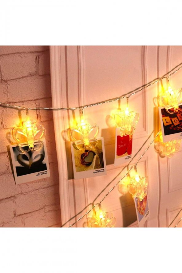 Pilli Led Işık Kelebek Mandallı Nostaljik Dekoratif Fotoğraf Asma Aparatı 20 Li 3 Metre - Resim 2