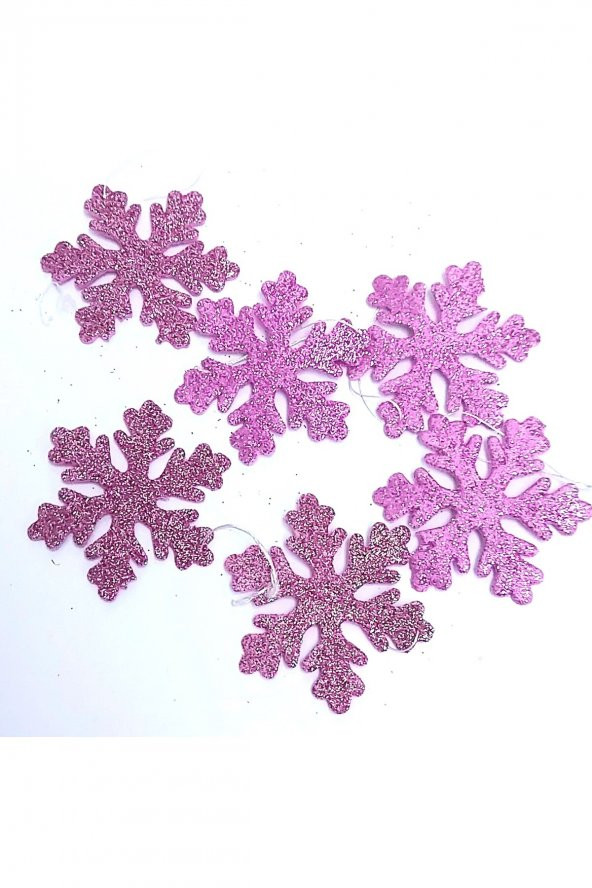 Mini Fuşya Pembe Kar Taneleri Simli Eva Ağaç Ve Hediye Süsü 6x6cm 6lı