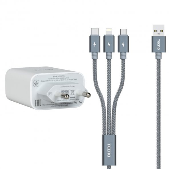 Tecno Huawei P30 Lite New Edition İle Uyumlu 33W UsbA Çıkışlı 3in1 Lightning, Type-C, Micro Data ve Şarj Kablolu Şarj Aleti