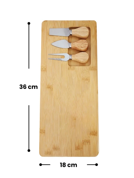4 Parça Bambu Peynir Sunum Tahtası ve Çatal - Spatula - Bıçak Seti, Peynir Kesim Panosu, Sunum Seti - 4