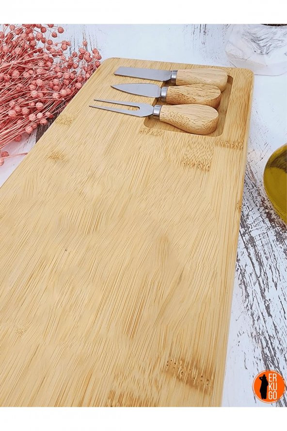 4 Parça Bambu Peynir Sunum Tahtası ve Çatal - Spatula - Bıçak Seti, Peynir Kesim Panosu, Sunum Seti - 2