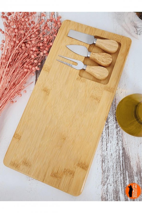 4 Parça Bambu Peynir Sunum Tahtası ve Çatal - Spatula - Bıçak Seti, Peynir Kesim Panosu, Sunum Seti - 3