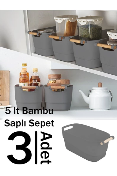 Gri 3 Adet Küçük Boy (5 Lt) Bambu Saplı Dekoratif Sepet, 3lü Set Organizer Düzenleyici Kutu