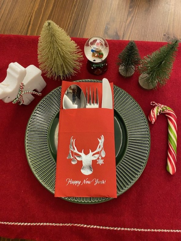 Gümüş Kırmızı Cepli Aır Touch Yılbaşı Geyik Modeli Peçete 12 Adet 40x40 ürün görseli 1