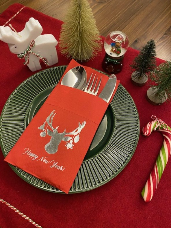 Gümüş Kırmızı Cepli Aır Touch Yılbaşı Geyik Modeli Peçete 12 Adet 40x40 - Resim 2