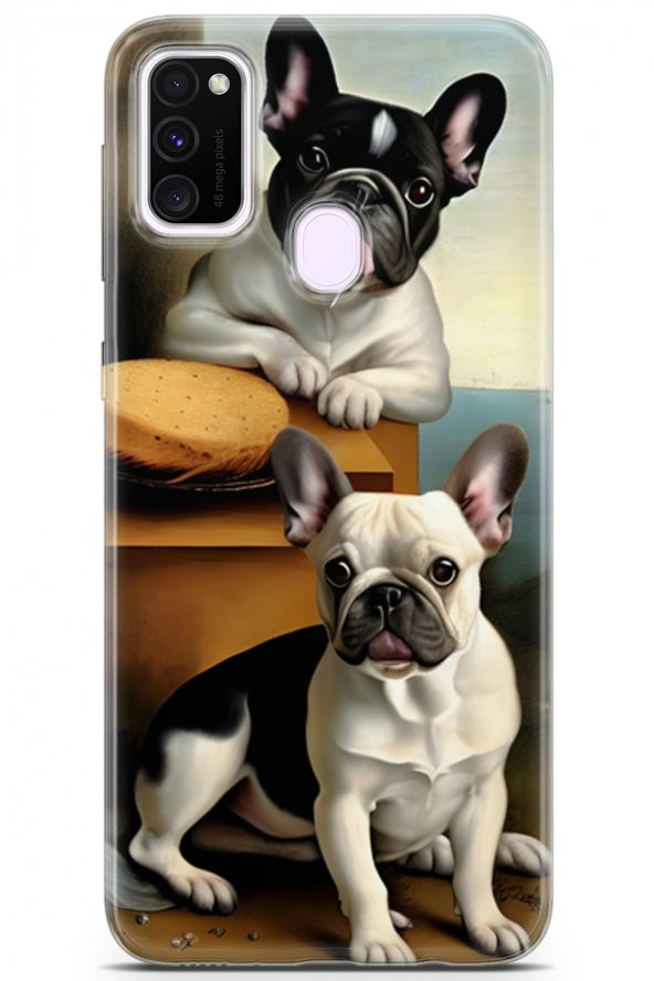 Samsung Galaxy M21 Uyumlu Kılıf Dogs 28 Fransız Bulldog İz Bırakmayan Kılıf Beyaz