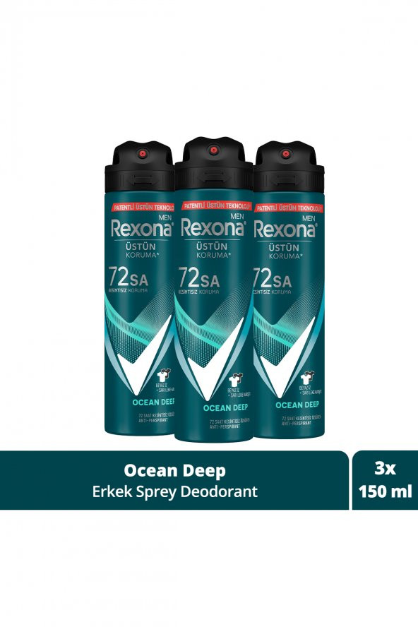 Rexona Men Erkek Sprey Deodorant Invisible Ocean Deep 72 Saat Kesintisiz Üstün Koruma 150 Mlx3