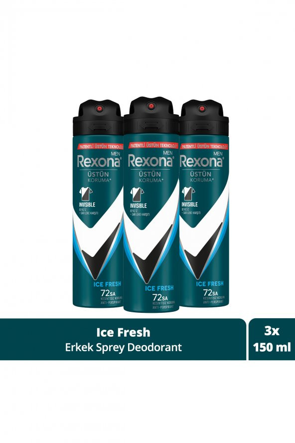 Rexona Men Erkek Sprey Deodorant Invisible Ice Fresh 72 Saat Kesintisiz Üstün Koruma 150 Mlx3