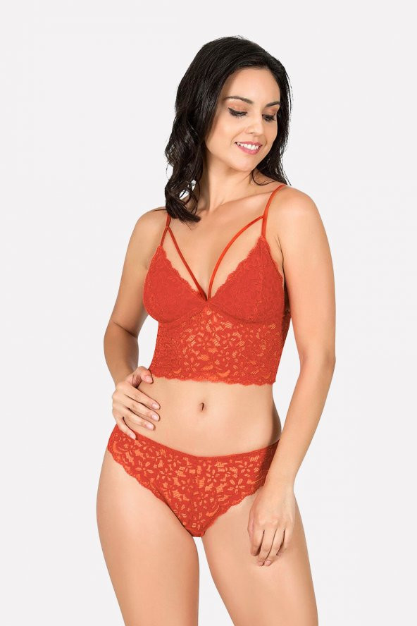 Turuncu Dantelli Bralet Takım