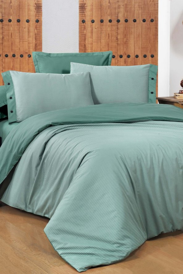 New Fancy Stripe Koyu Yeşil King Size (battal Boy) 100 Pamuk Çizgili Nevresim Takımı ürün görseli 1