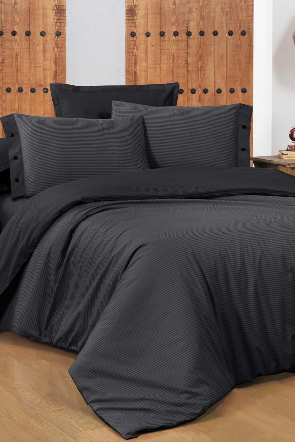 New Fancy Stripe Siyah King Size (battal Boy) 100 Pamuk Çizgili Nevresim Takımı