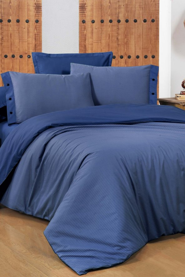 New Fancy Stripe Lacivert King Size (battal Boy) 100 Pamuk Çizgili Nevresim Takımı ürün görseli 1