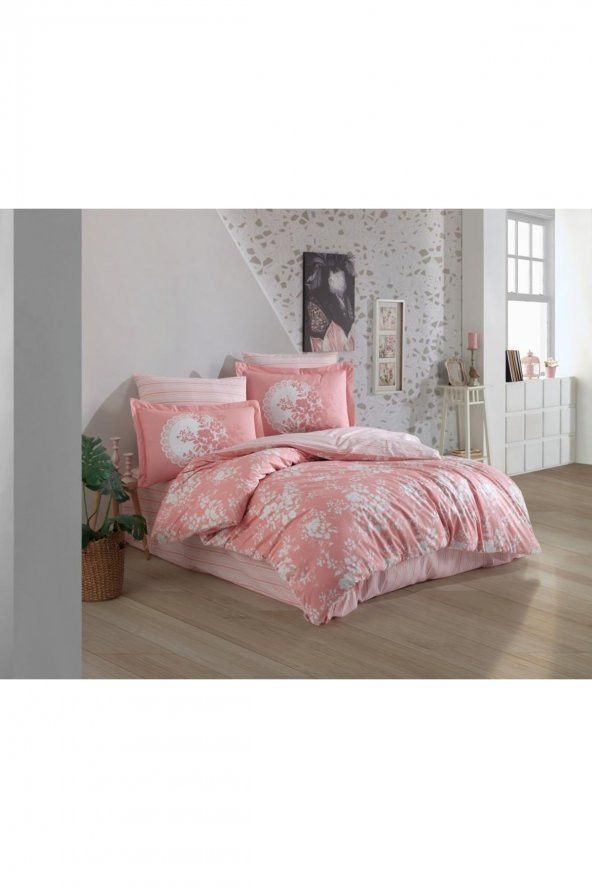 Çift Kişilik Poplin Nevresim Flora Pudra