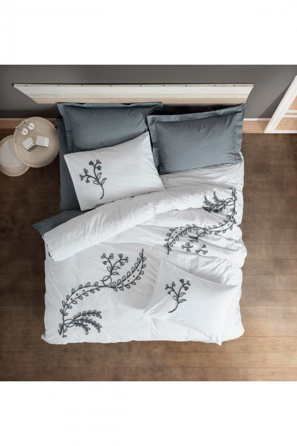 Nakışlı Ranforce Çift Kişilik Nevresim Takımı Ivy Gri ürün görseli 1