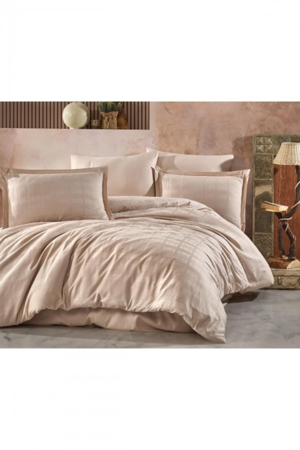 Aran Çizgili Saten Çift Kişilik Nevresim Takımı Marsela V2 Bej ürün görseli 1