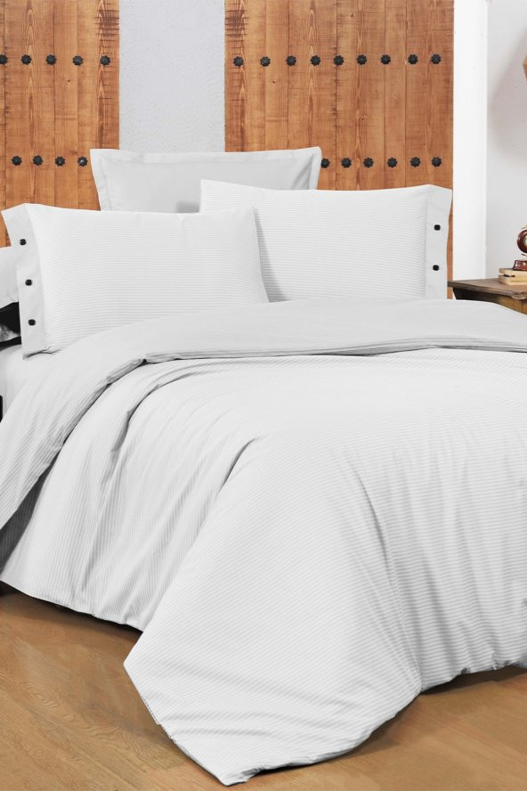 New Fancy Stripe Beyaz Çift Kişilik 100 Pamuk Çizgili Nevresim Takımı