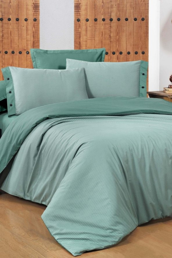 New Fancy Stripe Koyu Yeşil Çift Kişilik 100 Pamuk Çizgili Nevresim Takımı