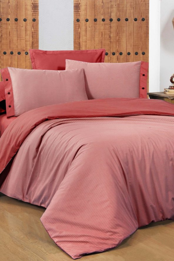 New Fancy Stripe Kırmızı Çift Kişilik 100 Pamuk Çizgili Nevresim Takımı ürün görseli 1