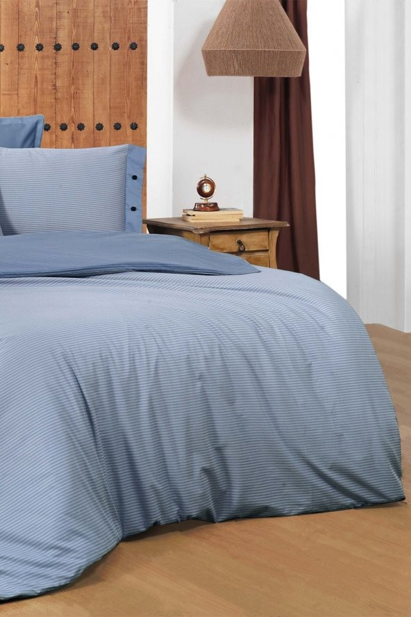 New Fancy Stripe Mavi Çift Kişilik 100 Pamuk Çizgili Nevresim Takımı - 2