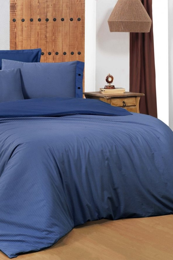 New Fancy Stripe Lacivert Çift Kişilik 100 Pamuk Çizgili Nevresim Takımı - 2
