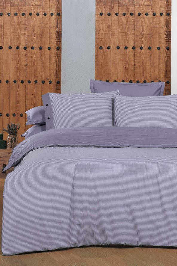 New Fancy Stripe Lila Çift Kişilik 100 Pamuk Çizgili Nevresim Takımı - 3
