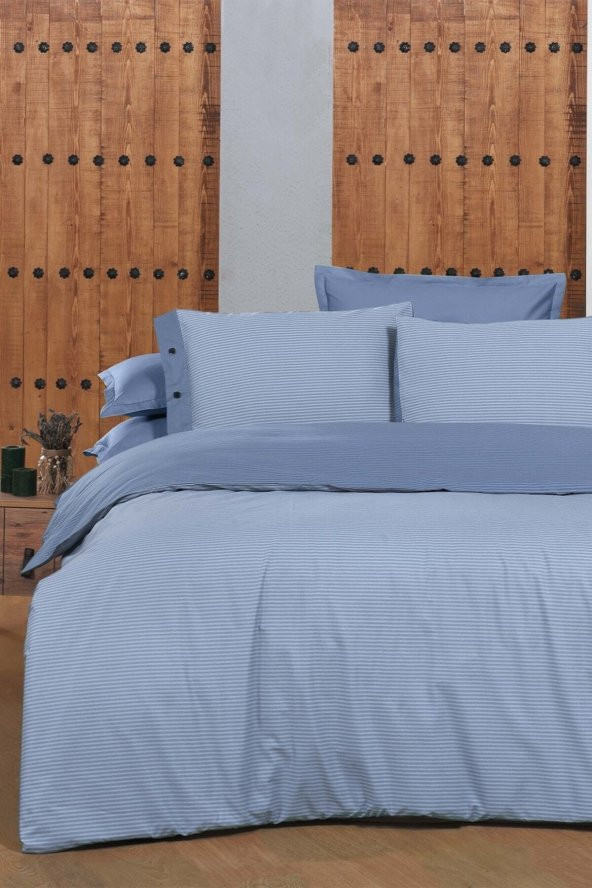 New Fancy Stripe Mavi Çift Kişilik 100 Pamuk Çizgili Nevresim Takımı - 3