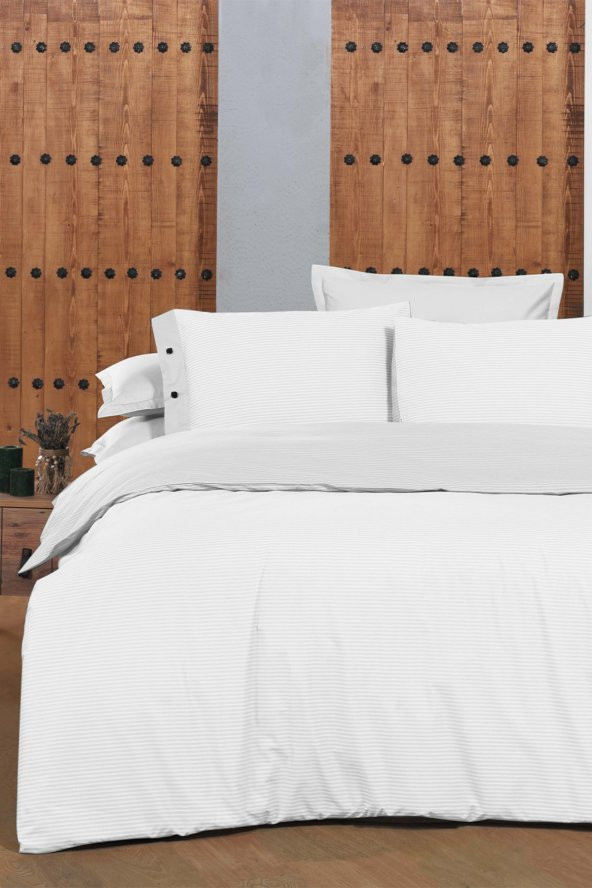 New Fancy Stripe Beyaz Çift Kişilik 100 Pamuk Çizgili Nevresim Takımı - 3