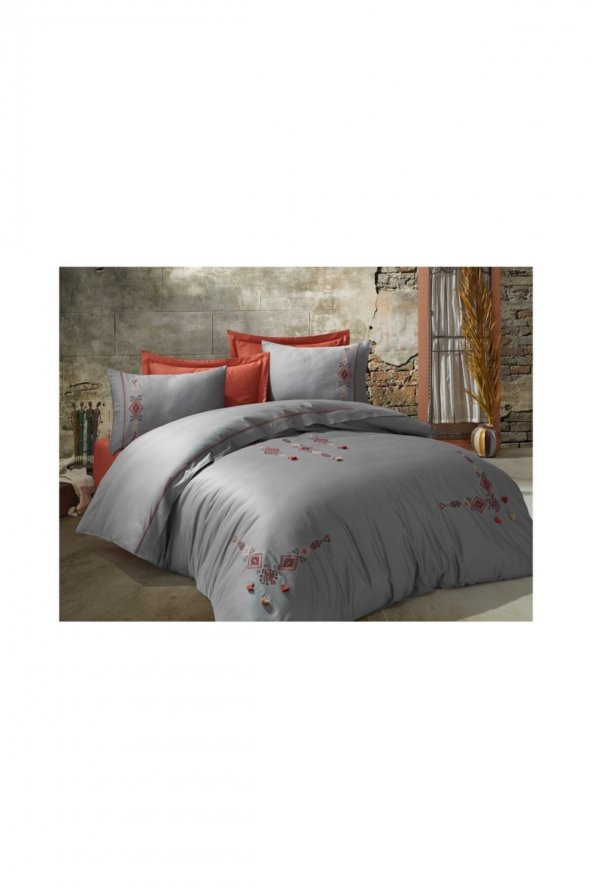 Nakışlı Pamuk Saten Çift Kişilik Nevresim Takımı Tilbe Antrasit