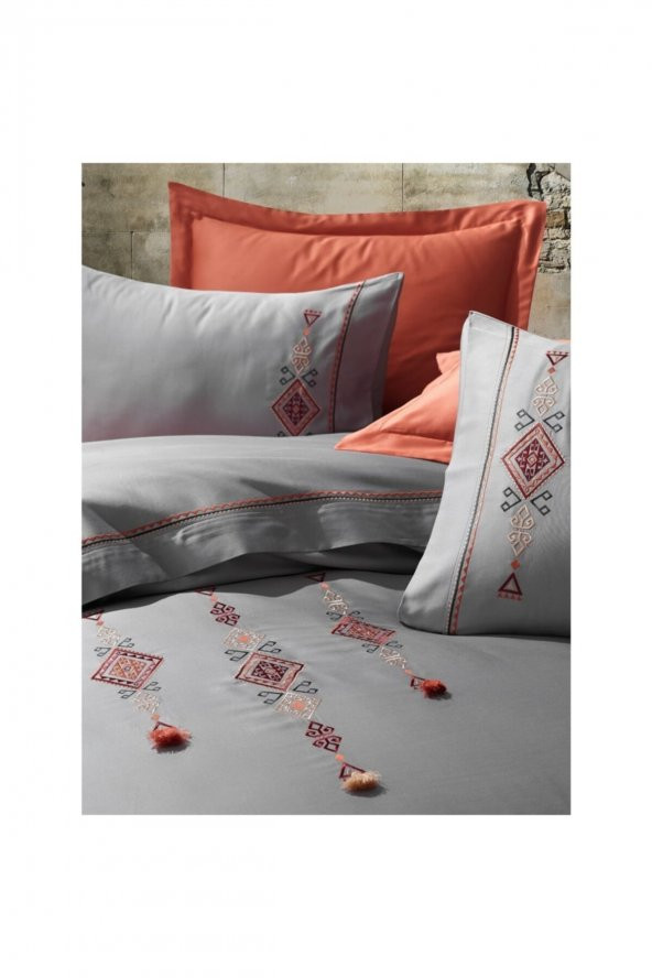 Nakışlı Pamuk Saten Çift Kişilik Nevresim Takımı Tilbe Antrasit - 2