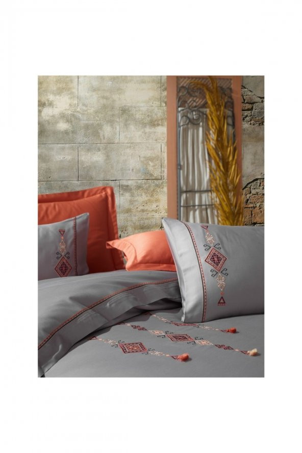Nakışlı Pamuk Saten Çift Kişilik Nevresim Takımı Tilbe Antrasit - 3