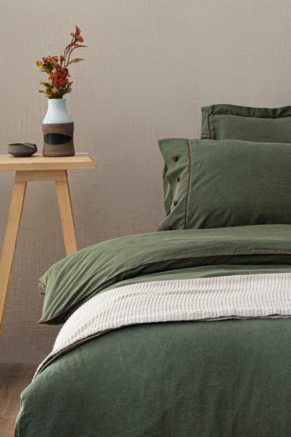 Havin Çift Kişilik Nevresim Takımı 100 Organik Pamuk Saten Parça Boya Yeşil 200x220 Cm - 2