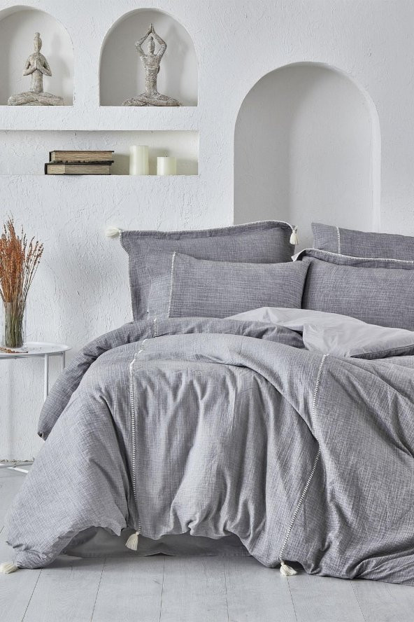 Doğa Çift Kişilik Nevresim Takımı 100 Organik Pamuk Müslin Gri 200x220 Cm ürün görseli 1