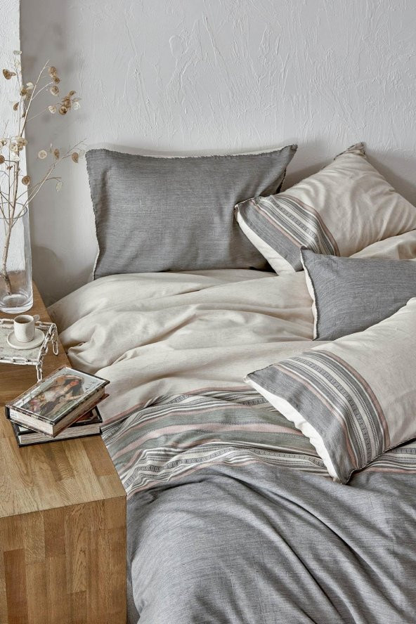 Dila Çift Kişilik Nevresim Takımı 100 Organik Pamuk Keten Bej-yeşil 200x220 Cm - 2