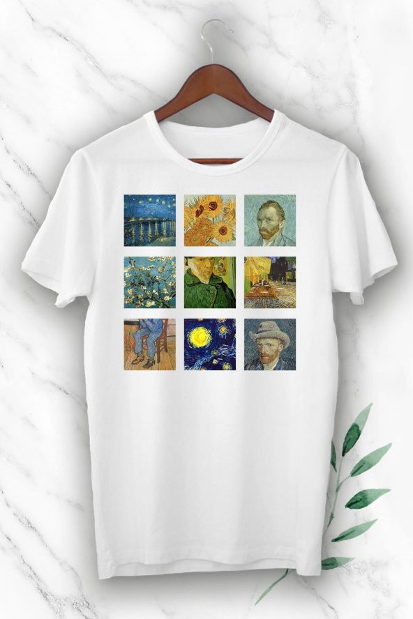 Beyaz Unisex Art Van Gogh Portre Kolaj Baskılı T-shırt - 1
