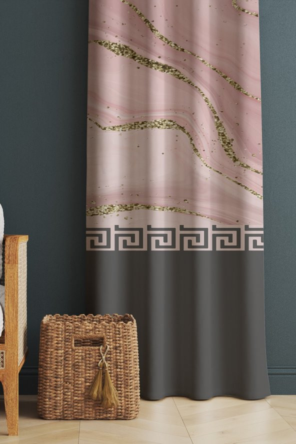 Baskılı Modern Desenli Salon Ve Yatak Odası Tek Kanat Kadife Doku Fon Perde - Pembe