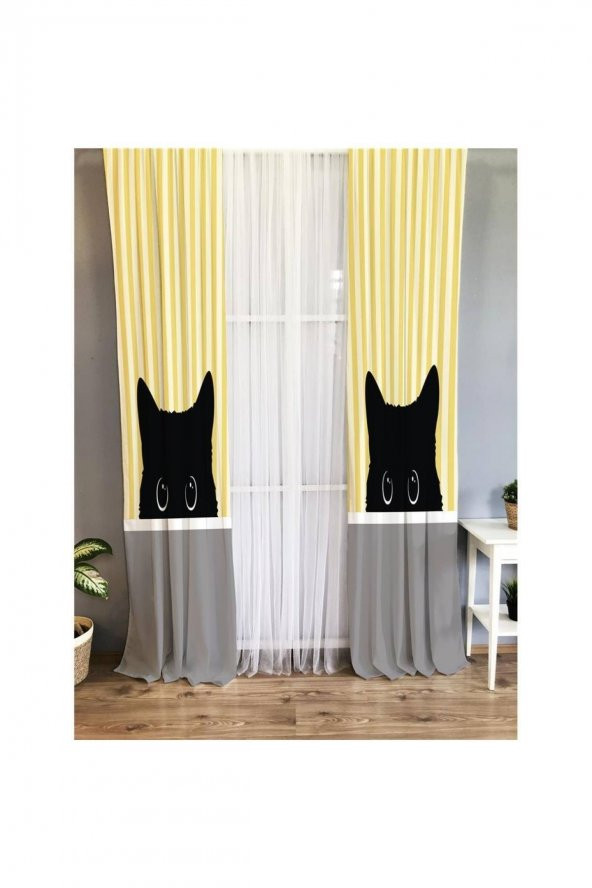 Kedi Desenli Çocuk Odası Fon Perde