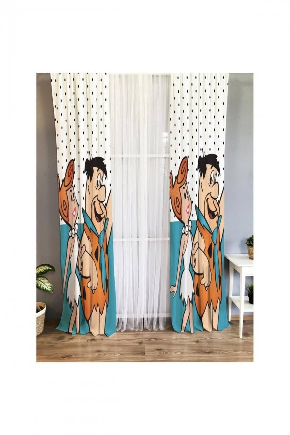 Taş Devri Desenli Çocuk Odası Kadife Fon Perde