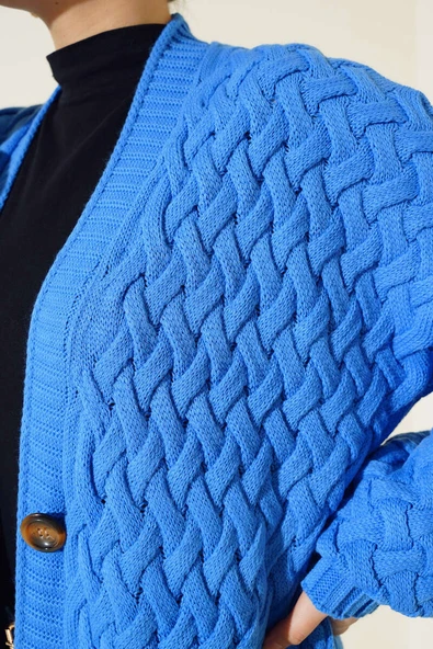 Boydan Düğmeli Sepet Örgü Uzun Hırka Mavi - Resim 4