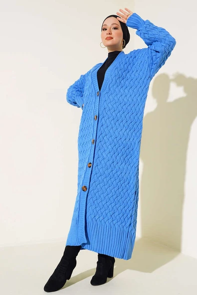 Boydan Düğmeli Sepet Örgü Uzun Hırka Mavi - Resim 2