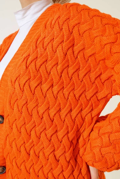 Boydan Düğmeli Sepet Örgü Uzun Hırka Oranj - Resim 4